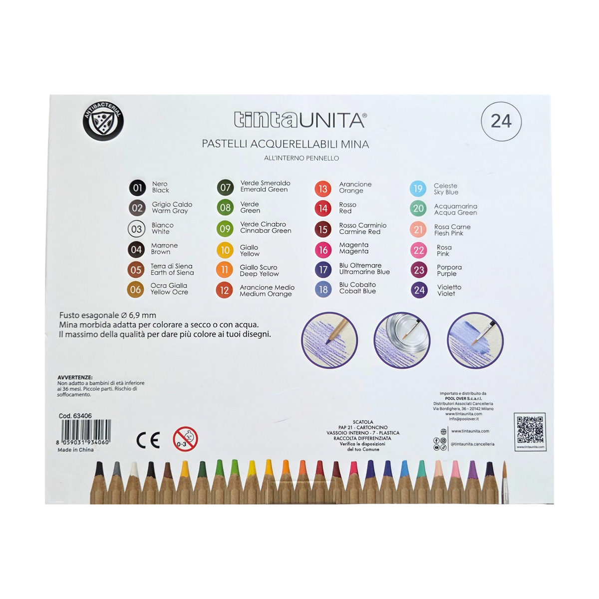 Pastelli a legno acquerellabili Tinta Unita - 24 colori