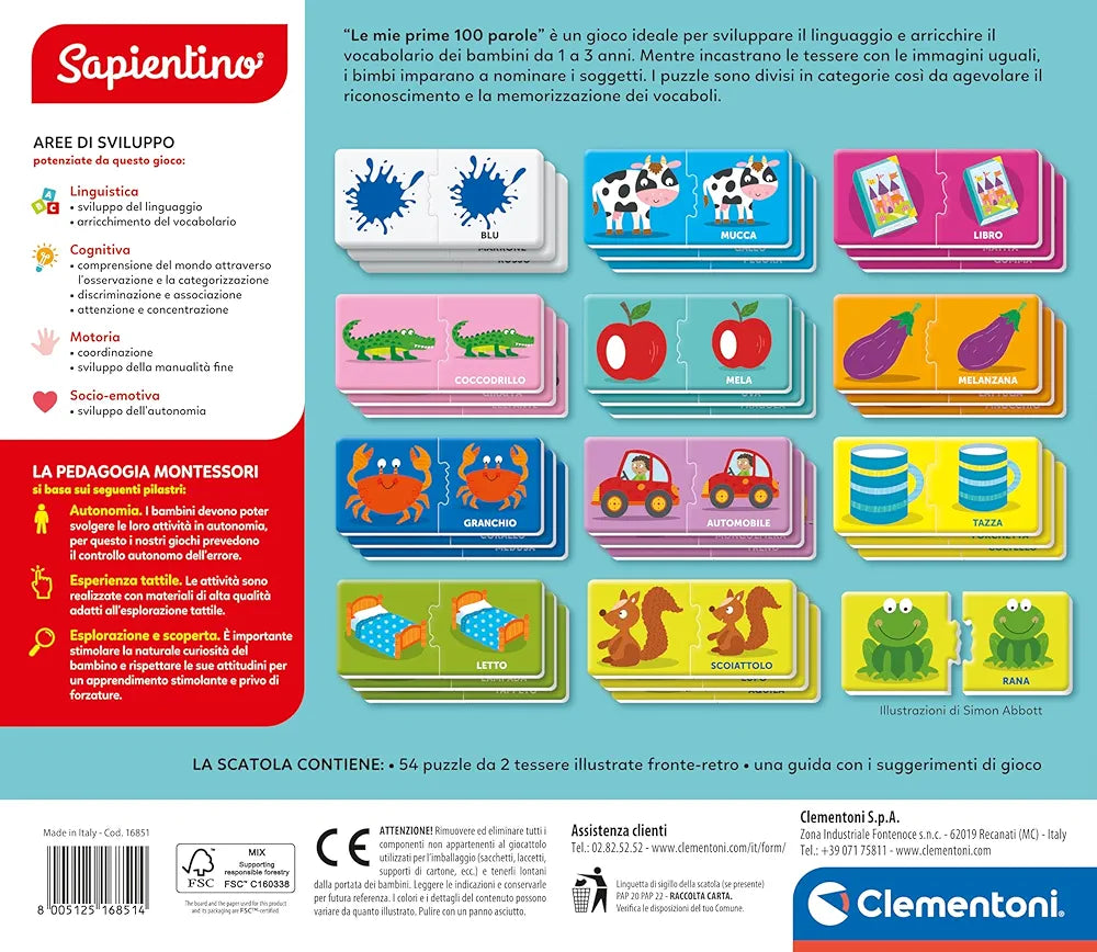 Clementoni - Sapientino Montessori Le Mie Prime 100 Parole, Gioco Educativo Bambini