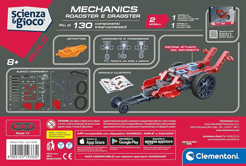 Clementoni Scienza e Gioco Build - Roadster e Dragster, Set di Costruzioni Bambini di 8+ Anni, Modellini Auto da Corsa