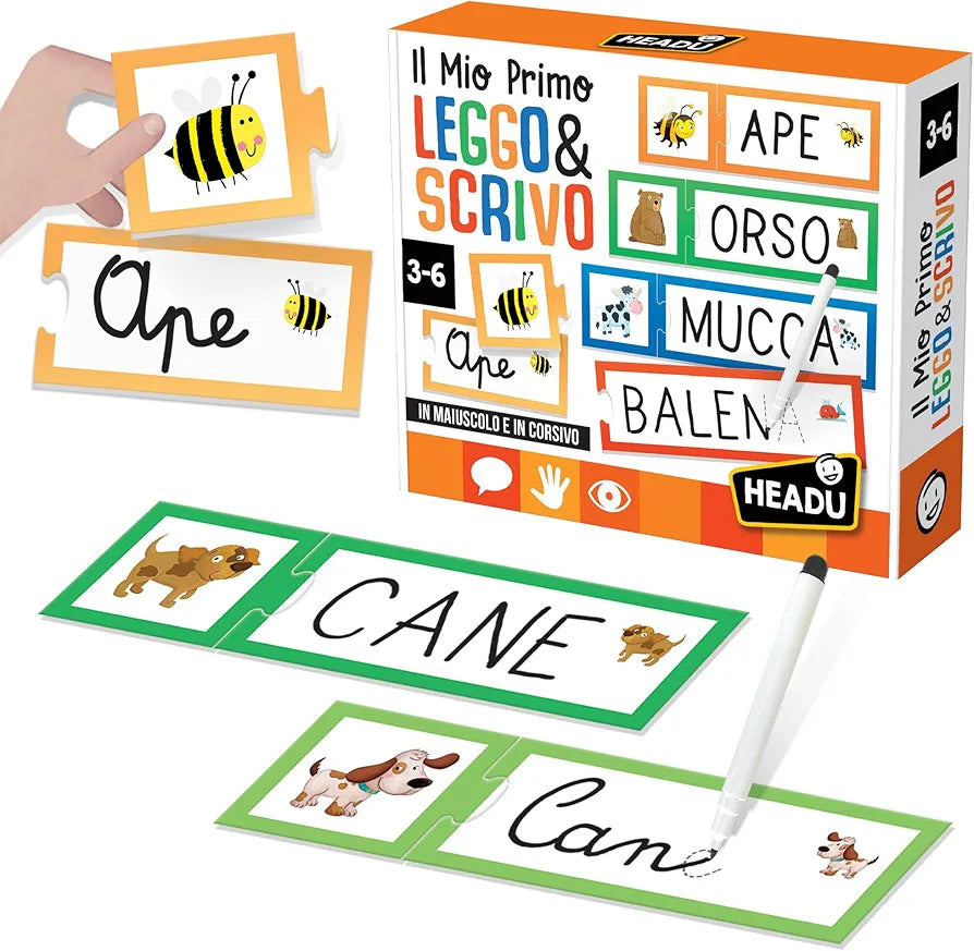 HEADU - Il Mio Primo Leggo e Scrivo, Imparo a Leggere e Scrivere a tre anni, Un Gioco Educativo per Bambini dai 3 ai 6 anni, Made in Italy